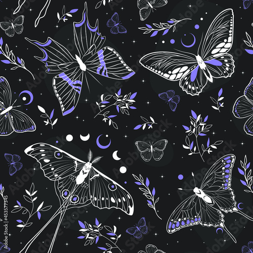 Vector seamless pattern with moon moth and stars. Contemporary composition. Trendy texture for print, textile, packaging.