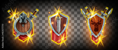 Winner game badge icon kit, vector rank heraldic award set, medieval knight shield, sword, helmet, spear. Magic RPG UI success battle trophy design, achievement level up assets. Fire game badge logo