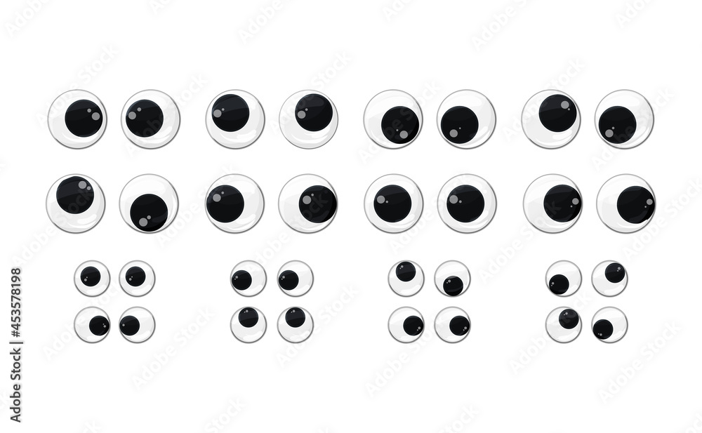 Plastic toy eyes set on a white insulated background. Different, fun pairs of safe eyes. Vector cartoon illustration Plastic toy eyes set on a white insulated background. Different, fun pairs of safe eyes. Vector cartoon illustration