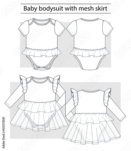 Baby bodysuit with mesh skirt. Set of technical sketches for babys.