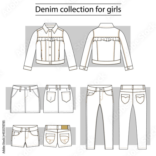 Denim collection basic set of technical sketches for girls
