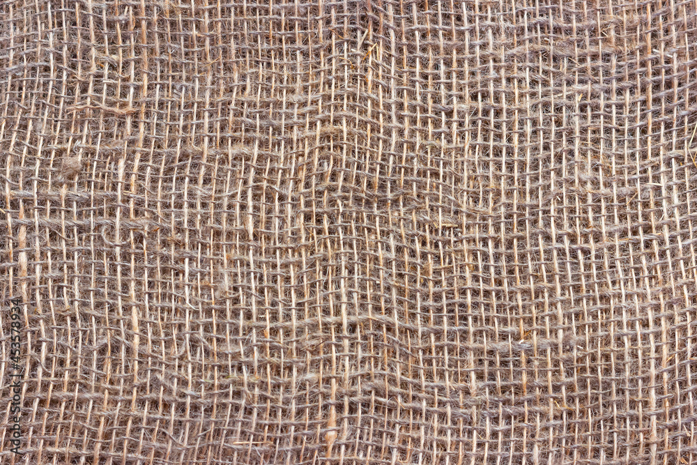 Natural burlap with large cells. The texture of a coarse woven fabric with mesh and fibers.