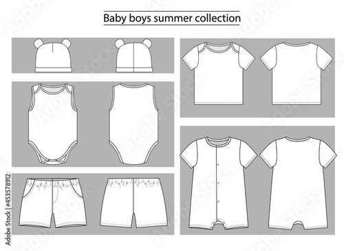 Newborn’s baby boys summer set collection technical sketches