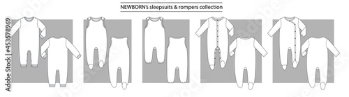 NEWBORN’s sleepsuits & rompers collection basic set of technical sketches for babys