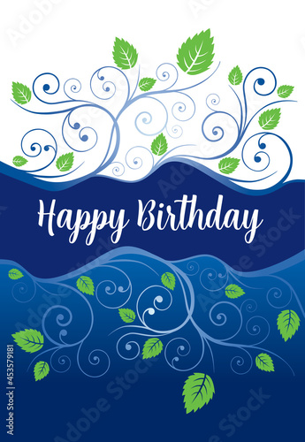 Blue happy birthday card swirls leaves
