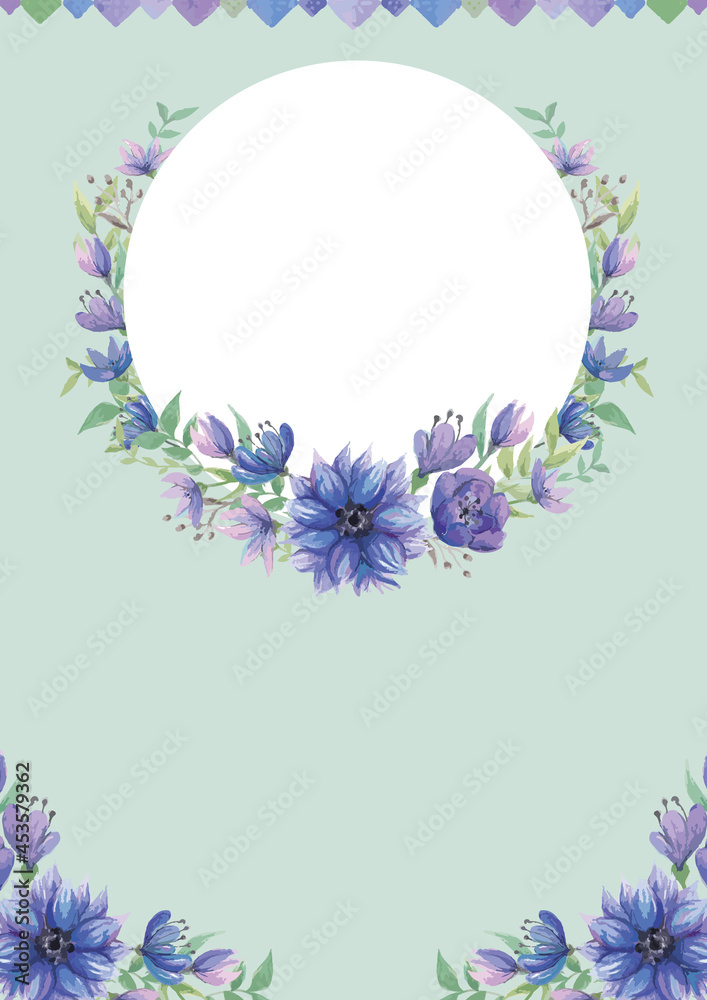 青い花の花束　水彩イラスト　くすみカラー　レトロな花柄　テンプレート　ベクター素材