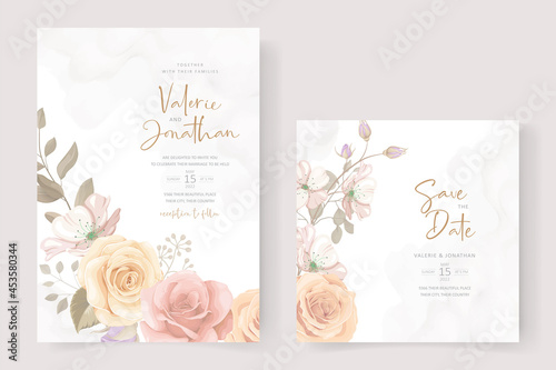 Beautiful wedding invitation card template with rose and leaf decoration