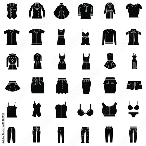 Black and white Female clothes accessories flat vector icon collection set