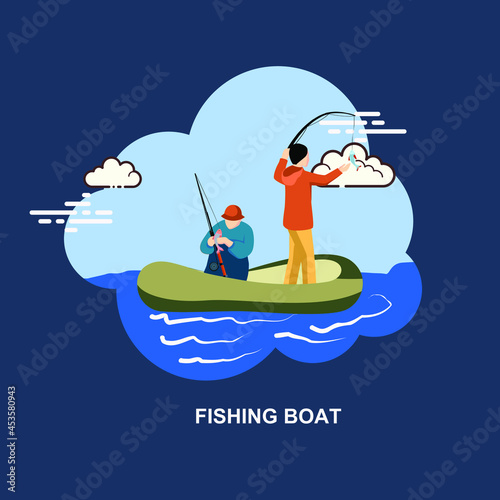 Fishing time with two guys fishing sitiing on boat flat concept design