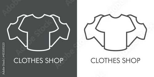 Logotipo con texto Clothes Shop con silueta de 3 camisetas con lineas en fondo gris y fondo banco