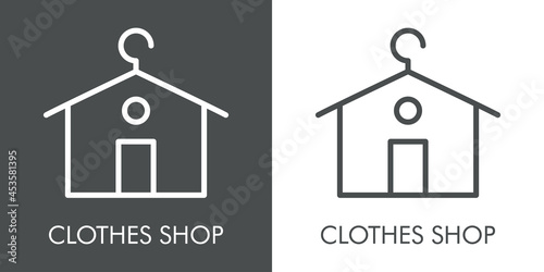 Logotipo con texto Clothes Shop con casa con tejado con forma de percha con lineas en fondo gris y fondo blanco