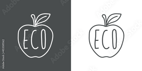 Logotipo con texto manuscrito Eco escrito a mano en silueta de manzana con lineas en fondo gris y fondo blanco