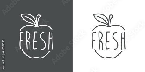 Logotipo con texto manuscrito Fresh escrito a mano en silueta de manzana con lineas en fondo gris y fondo blanco