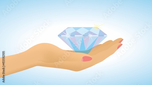 Sparkling stone with brilliant, diamond shape in hand. Vector illustration. EPS10. Dimension 16:9.
