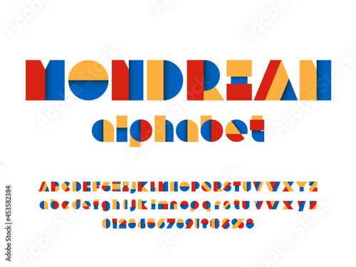 Mondrian cubism art style alphabet design with uppercase, numbers and symbols