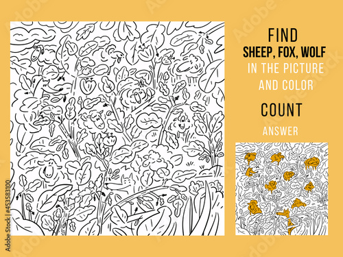 Find sheep, fox, wolf and color, count. Games for Children. Puzzle Hidden Items. Funny cartoon character. Vector illustration.