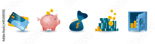 Bank cards, money and piggy bank. A set of vector icons on the topic of finance and money.