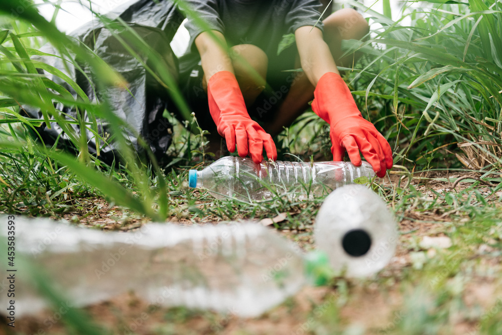 Fototapeta premium Boy man hand pick up plastic bottle in the forest. nature conservation and Environment concept.