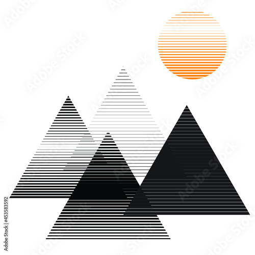 Mountains and sun   modern minimal style .Triangle Logo with lines.Square unusual icon Design .Black Vector stripes .Geometric shape.