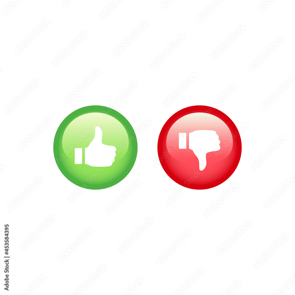 Like and dislike red and green buttons. Thumb up and down vector shiny button set. Like and dislike red and green buttons. Thumb up and down vector shiny button set.