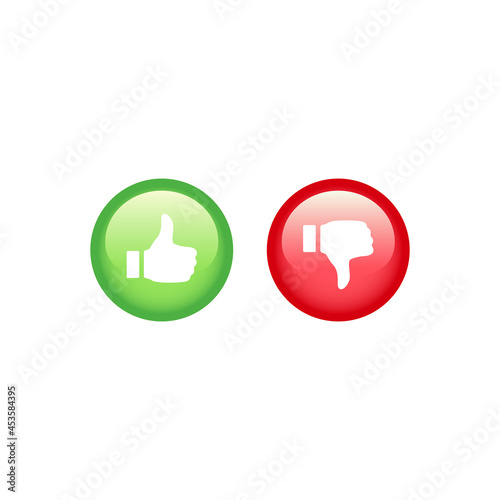 Like and dislike red and green buttons. Thumb up and down vector shiny button set.