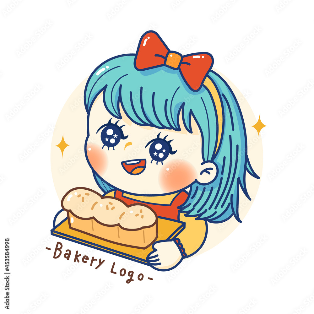 cute girl holding bread. Bakery logo cartoon kawaii. cute girl holding bread. Bakery logo cartoon kawaii.
