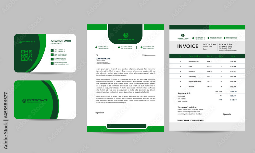 Modern business stationery template green color, business card, invoice, letterhead