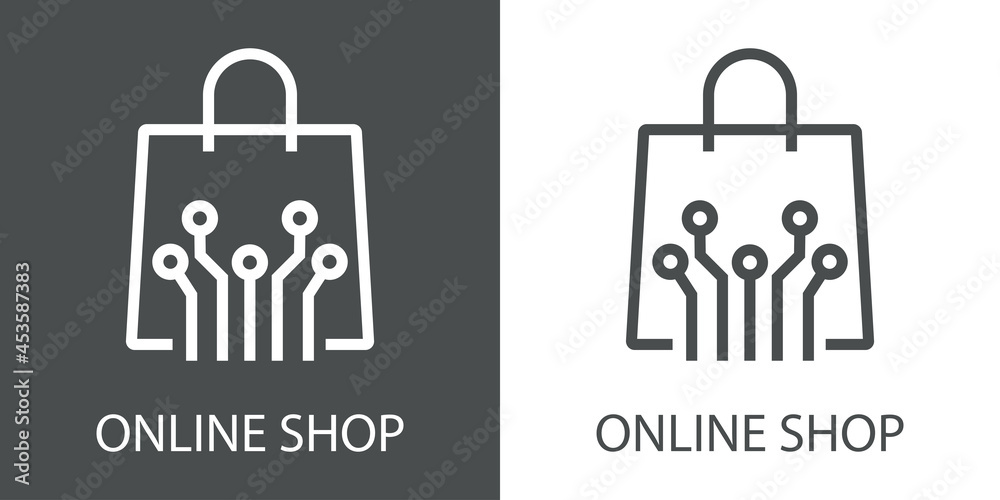 Logo con texto Online Shop con circuito digital en silueta de bolsa de la compra con lineas en fondo gris y fondo banco Logo con texto Online Shop con circuito digital en silueta de bolsa de la compra con lineas en fondo gris y fondo banco
