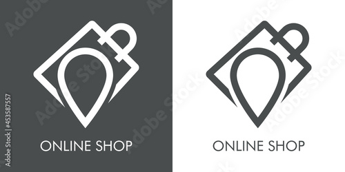 Logo con texto Online Shop con silueta de marcador de posición en bolsa de la compra con lineas en fondo gris y fondo banco