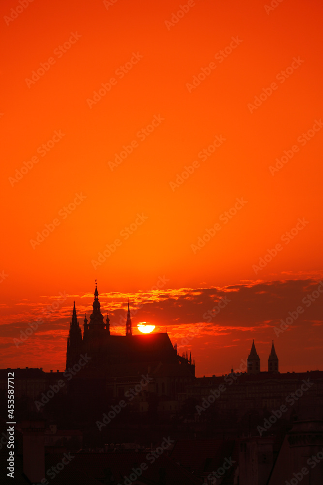 Silhouette of Saint Vitus Cathedral at sunset, Prague, Czech Republic