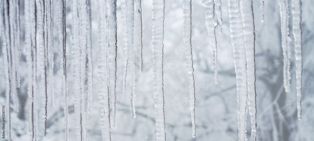 Fototapeta premium Icicles hanging on the roof. Winter nature abstract art. Physical phenomenon, solid form of water.