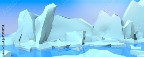 Beautiful landscape with icebergs and ice in Antarctica. Climate change  Ecological collapse Trendy 3d illustration.