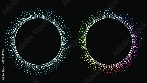 New Year, Christmas round snow frames. Set of winter dotty abstract backgrounds, border templates with empty space for text. Circle, ring shapes made of spots, dots, tiny beads, blots, snowflakes.