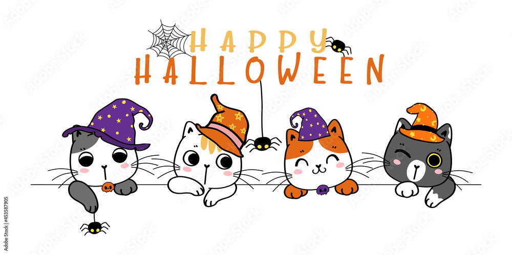 cute Happy Halloween banner funny kitten cat in costume cartoon flat vector illlustration cute Happy Halloween banner funny kitten cat in costume cartoon flat vector illlustration