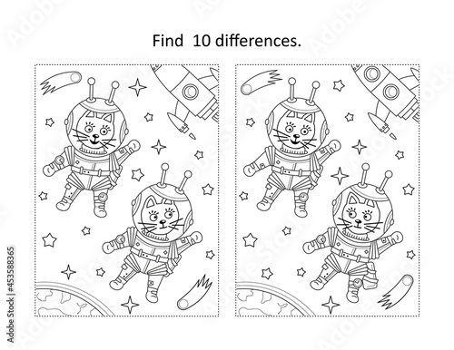 Find differences puzzle with two brave cats the astronauts in outer space, stars, comets, spaceship, earth.

