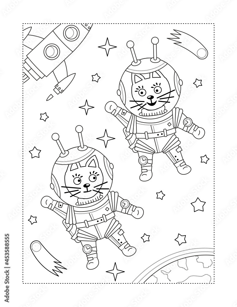 Coloring page with two brave cats the astronauts in outer space, stars, comets, spaceship, earth.
