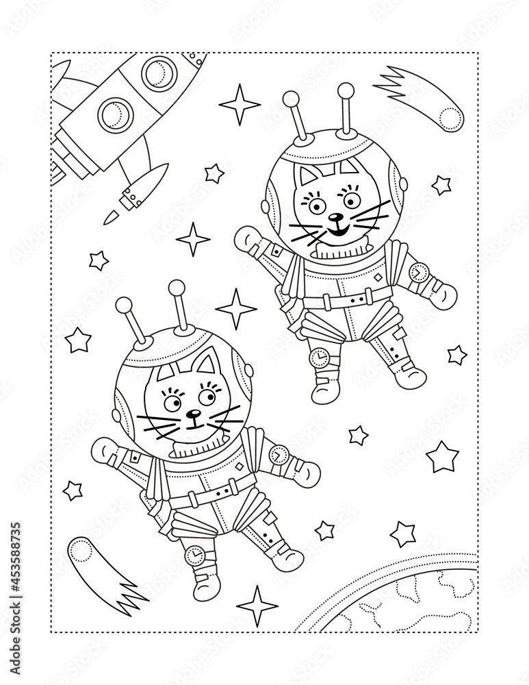 Coloring page with two brave cats the astronauts in outer space, stars, comets, spaceship, earth.
Coloring page with two brave cats the astronauts in outer space, stars, comets, spaceship, earth.