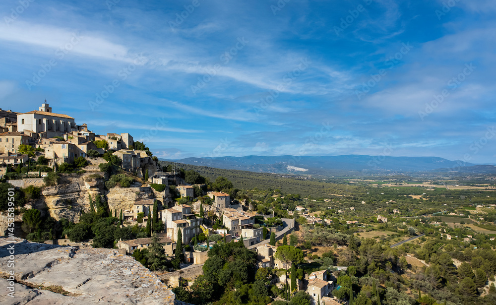 Panoramic View over the village of Gordes, Vaucluse, Provence, France, Gordes medieval village sunset view, France