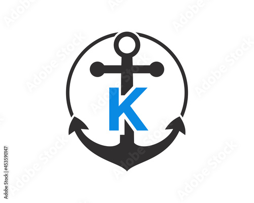 Anchor logo with K letter Concept. Initial K letter with Anchor. Marine, Sailing Boat Logo