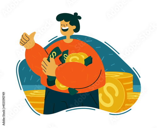 Metaphor of financial success, money multiplication. A man with a bunch of cash in his hands. Clipart, vector.
