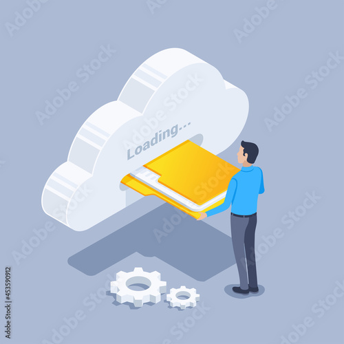 isometric vector illustration on gray background, man uploads folder with documents to cloud, upload and store data