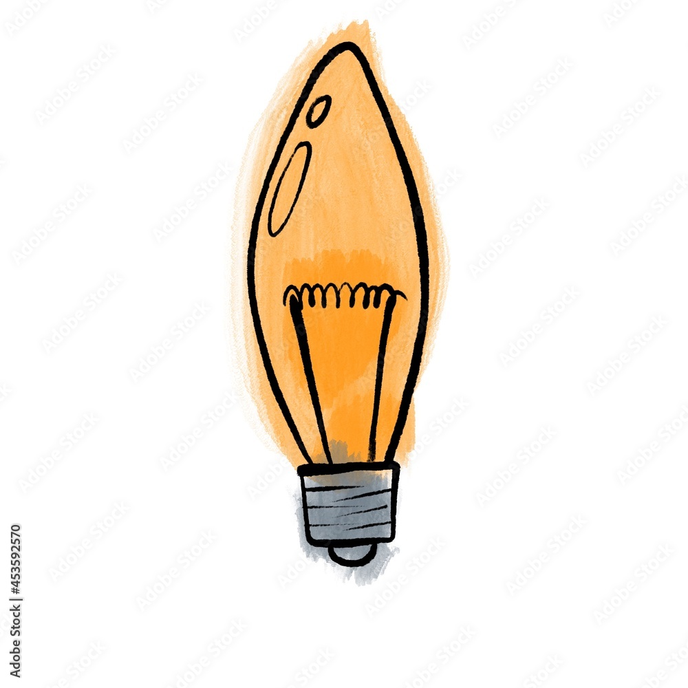 Watercolour and ink light bulb icon with orange light Watercolour and ink light bulb icon with orange light