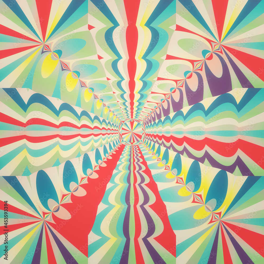 Abstract illustration recalling a mirrored tunnel. The color scheme is inspired by old fashion magazines from the seventies (slightly aged and faded).
