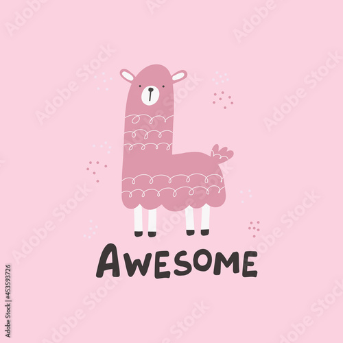 Pink llama hand drawn cute card. Lettering-awesome. Llama character illustration for nursery design, poster, greeting, birthday card, baby shower design and party decor