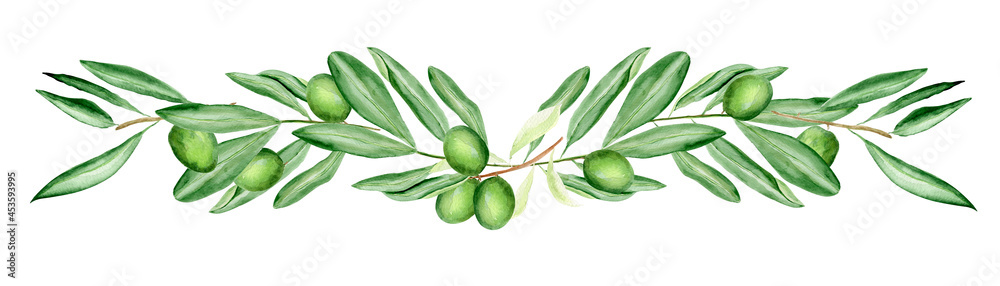 Green olive branches watercolor border. Template for decorating designs and illustrations.