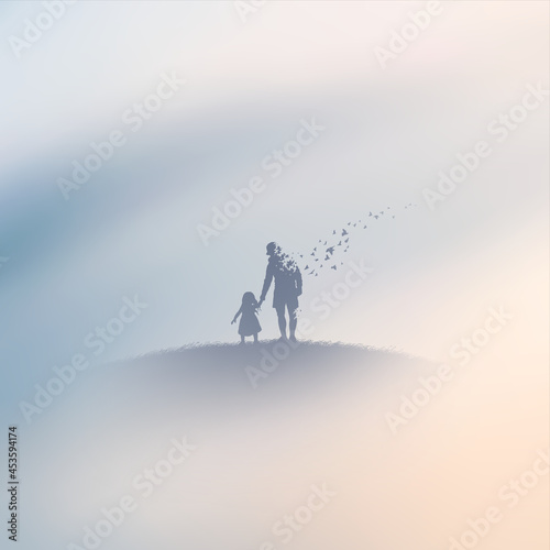Father and daughter. People in paradise. Afterlife. Foggy clouds