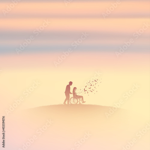 Girl in wheelchair. Couple in heaven. Death, afterlife. Foggy clouds
