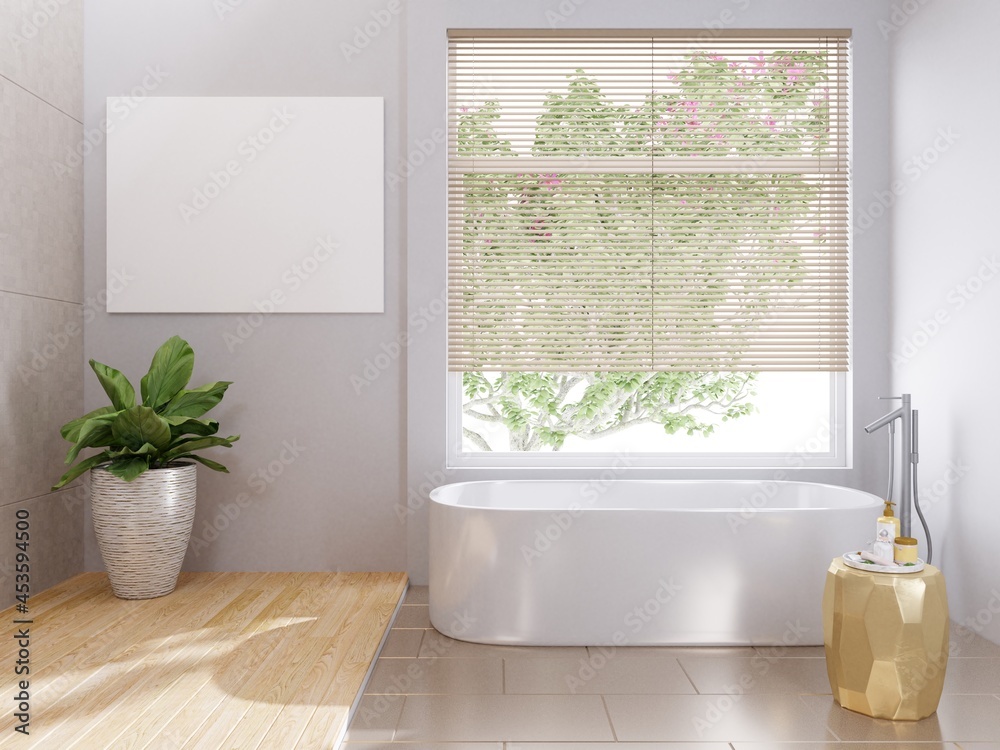 The white bathroom has wooden floors and tiles. Bath tub and complete with picture frame and tree pan Looking out of the window, there are louvered shutters blocking the sun.3d rendering