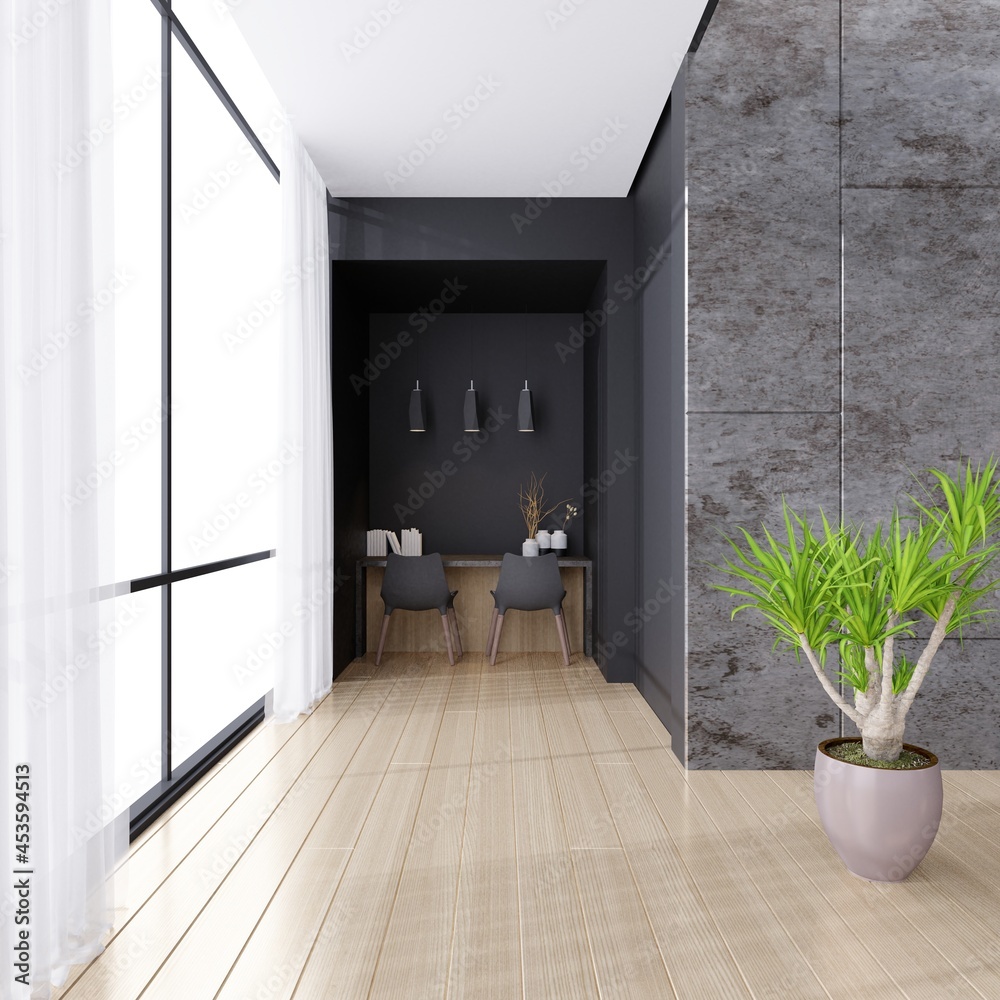 Writing desk in living room interior in loft, industrial style.3d