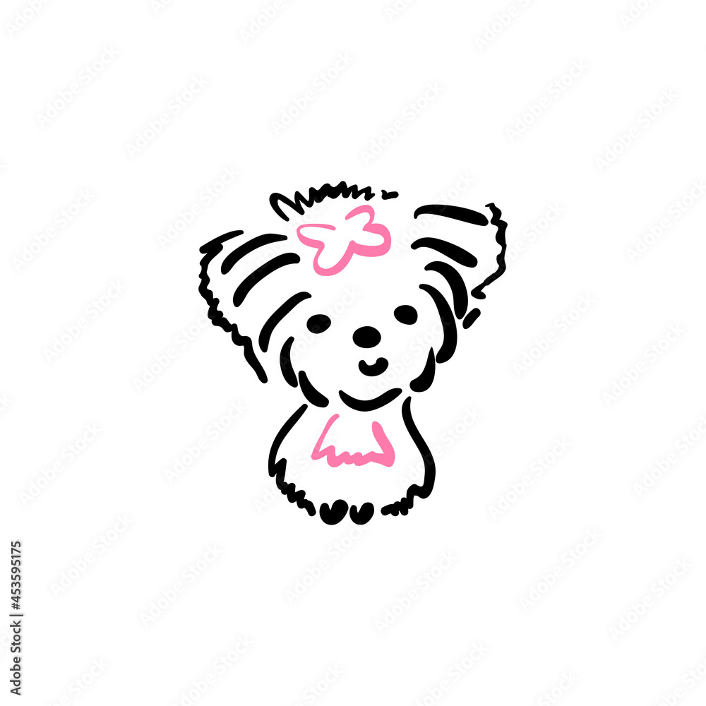 Naklejka premium Yerkshire Terrier. Cute dog with a pink bow. Doodle line style, freehand drawing.The isolated object on a white background. Drawing a black line with colored elements. Vector element for simple design